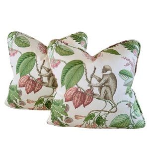 Pair 18” Designer P Kaufmann Pink Green Botanical Monkey Tropical Pillow Covers